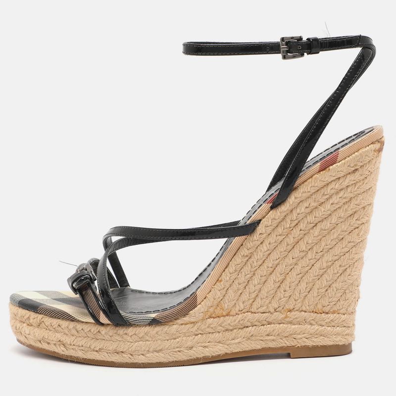 Burberry Beige/Black Check Patent Leather And Canvas Espadrille Wedge Sandals